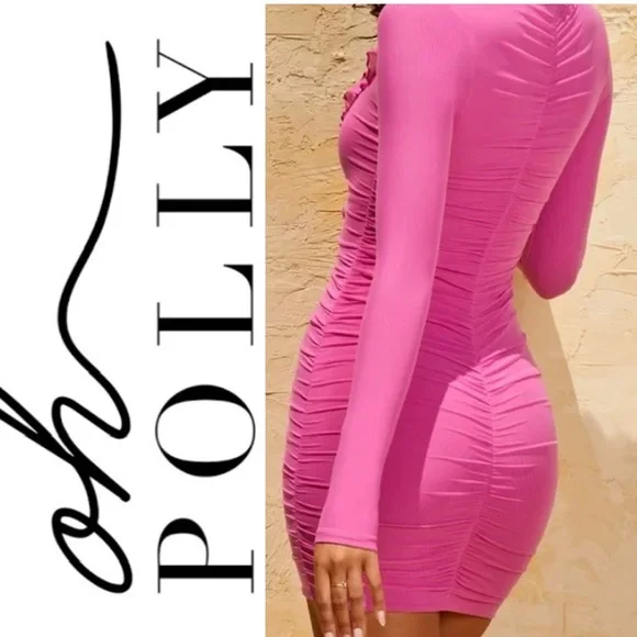 NWT Oh Polly Yara Hot Pink Long Sleeve Ruched Mini Bodycon Dress 6 - Picture 3 of 11